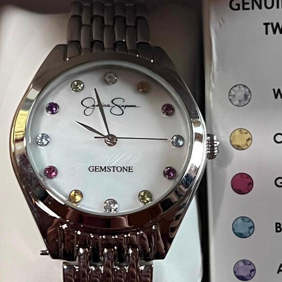 Jessica Simpson Gemstone Stainless Steel Bracelet Watch | Mother of Pearl Dial main image 8